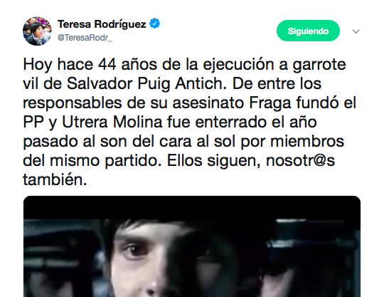 Tuit por el que ha sido condenada Teresa Rodríguez. 