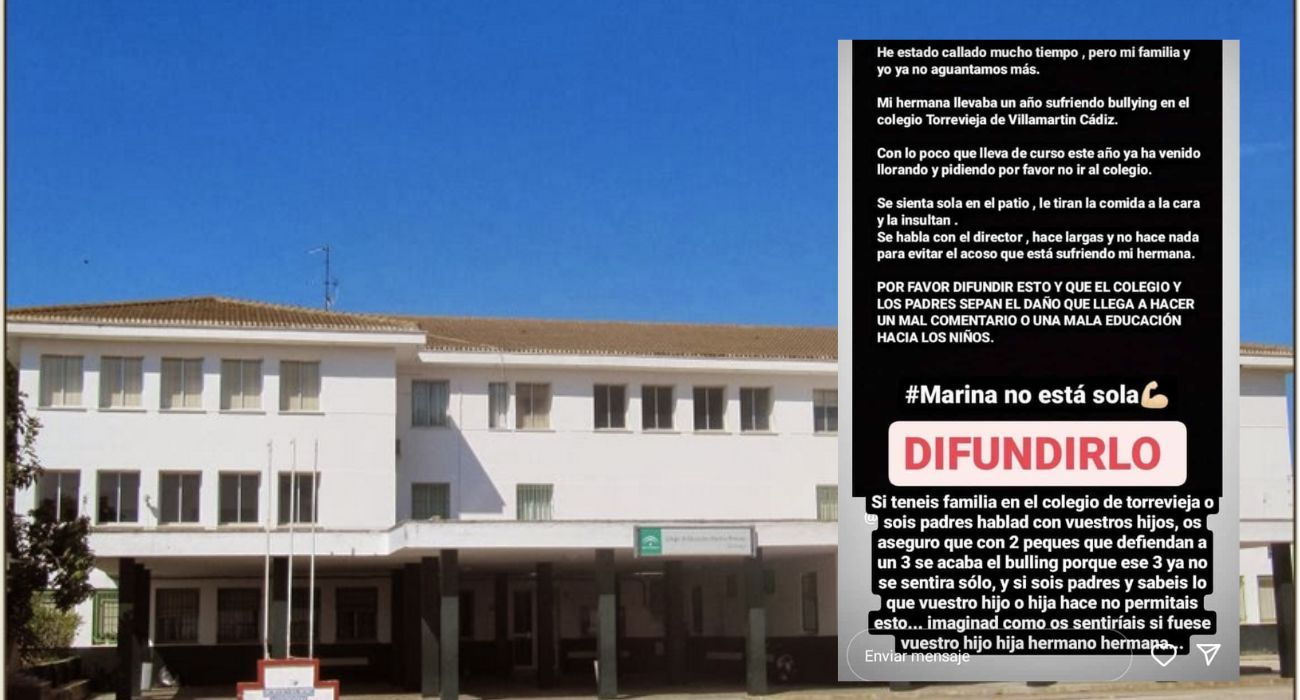 El CEIP Torrevieja de Villamartín y la publicación realizada en redes por el hermano de la menor denunciando el acoso escolar.