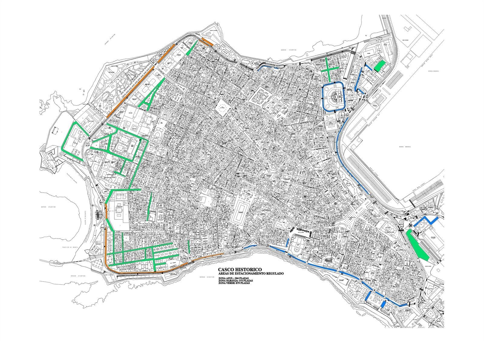 Plano con los nuevos estacionamientos en el centro histórico de Cádiz.
