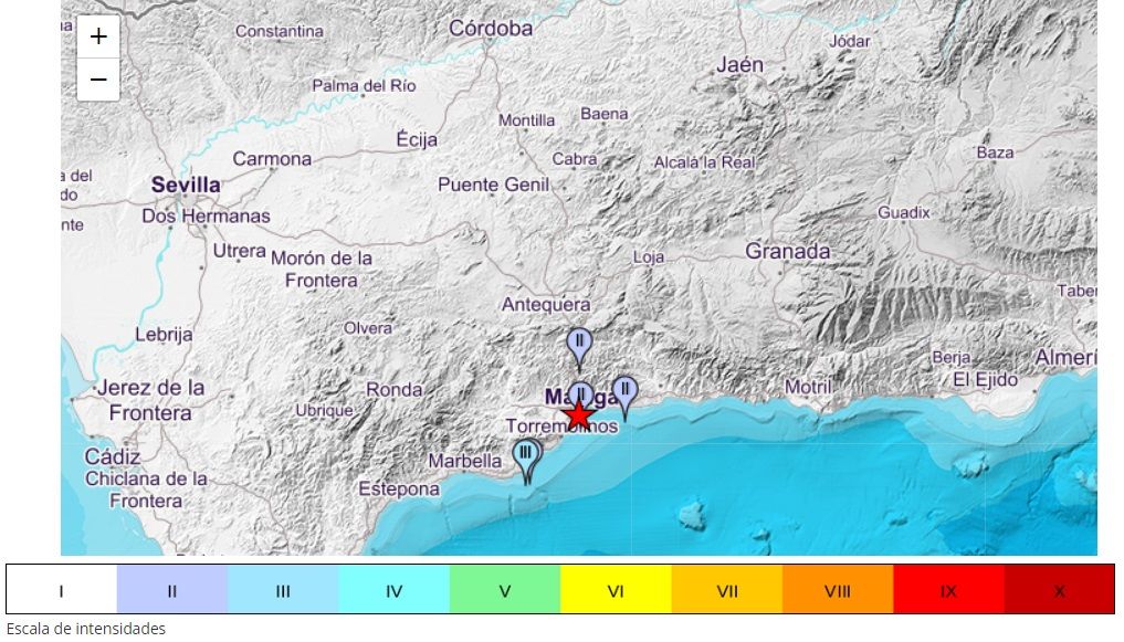Mapa detalle del terremoto con epicentro en Málaga.