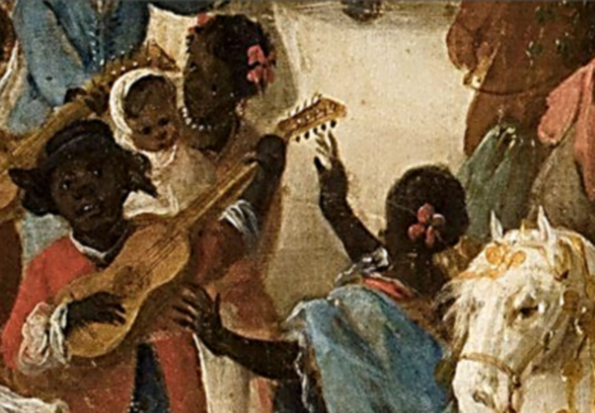 Domingo Martínez. Carro del Aire.  Detalle. 1747, Sevilla.  Museo de Bellas Artes.  En la imagen, un bebé en brazos de su mamá, entre un grupo de negros bailando y haciendo música.