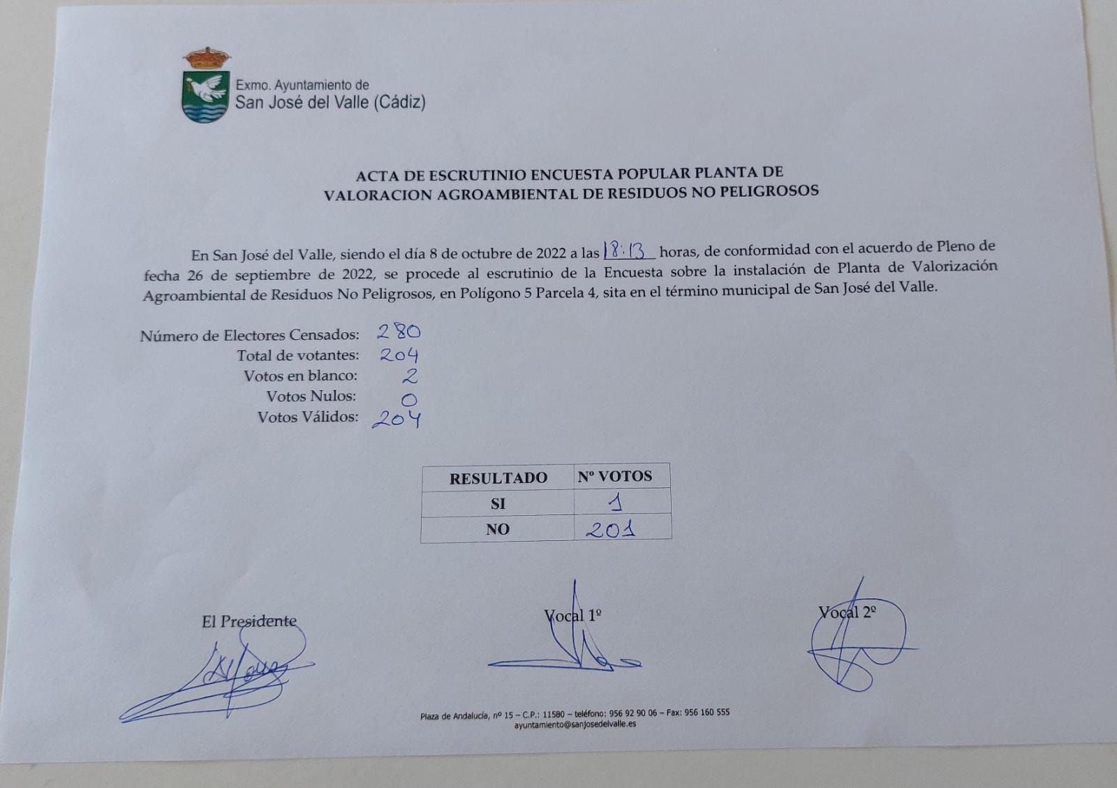 Acta de la encuesta votada por los vecinos de la barriada afectada de San José del Valle para denegar la planta de lodos.