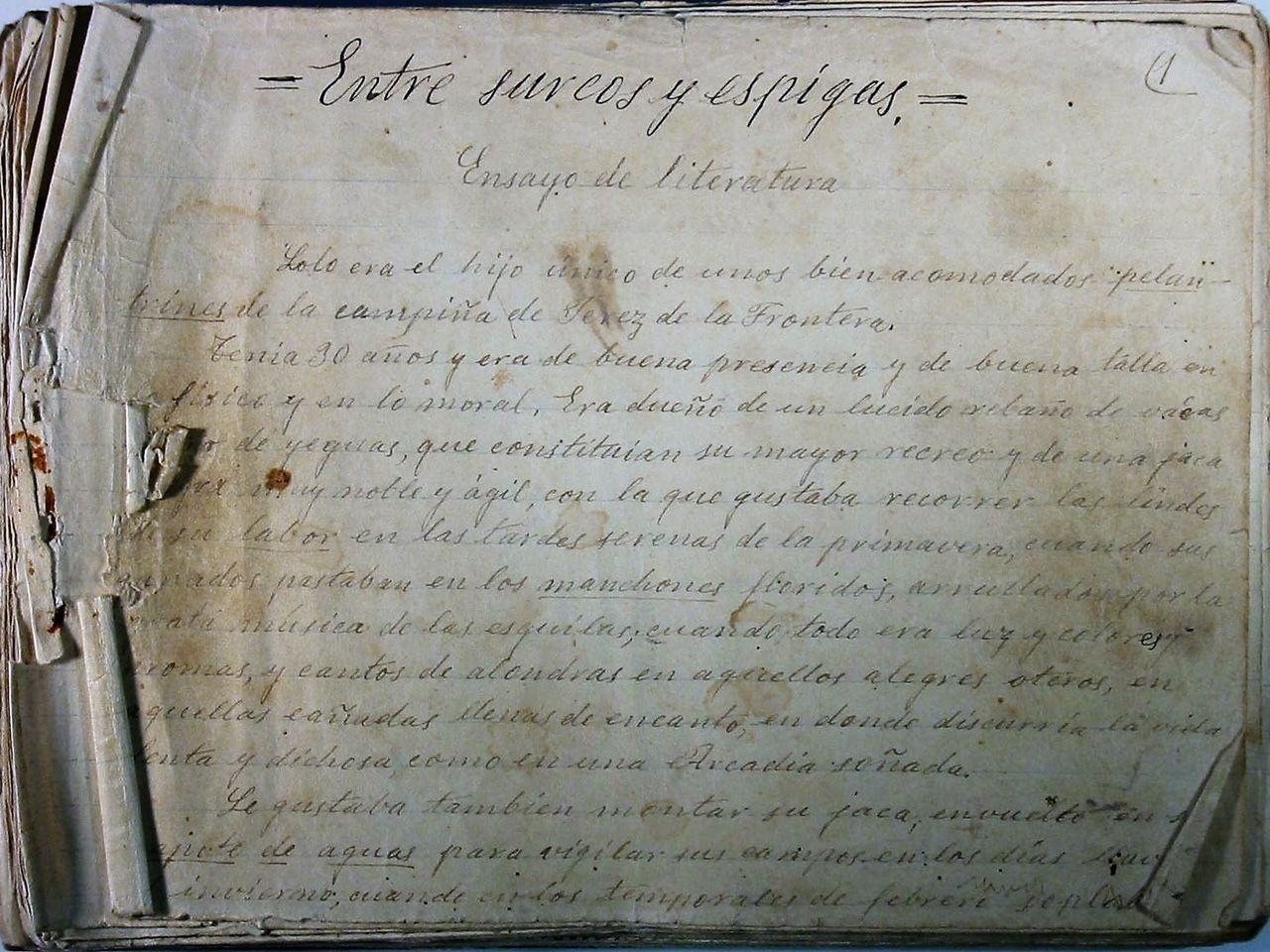 Primera página del manuscrito de 'Entre surcos y espigas'.