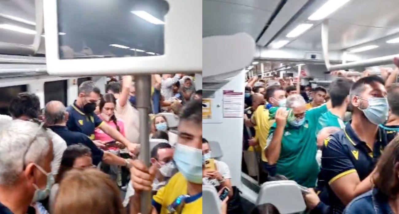 Dos imágenes de cómo iba de atestado el tren de Cercanías para ver el Cádiz-Betis.