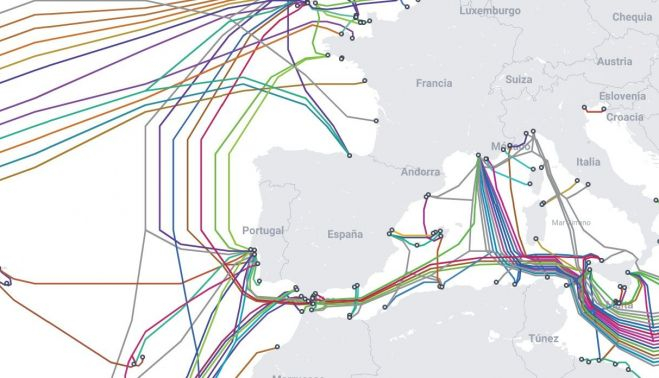 Redes sumergidas de cables en torno a España. SUBMARINE CABLE MAP