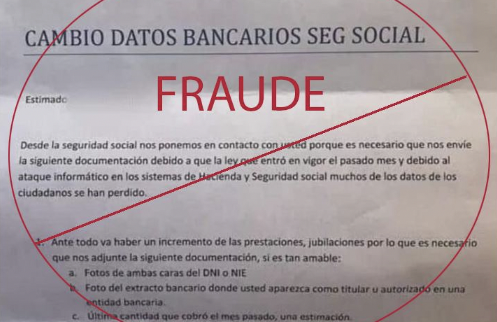 Imagen de la supuesta carta enviada por la Seguridad Social para intentar estafar a pensionistas.