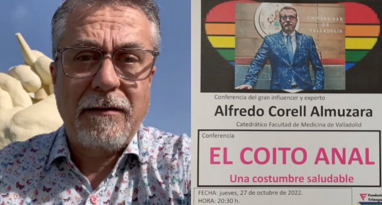 El profesor Alfredo Corell y el cartel del ataque homófobo.