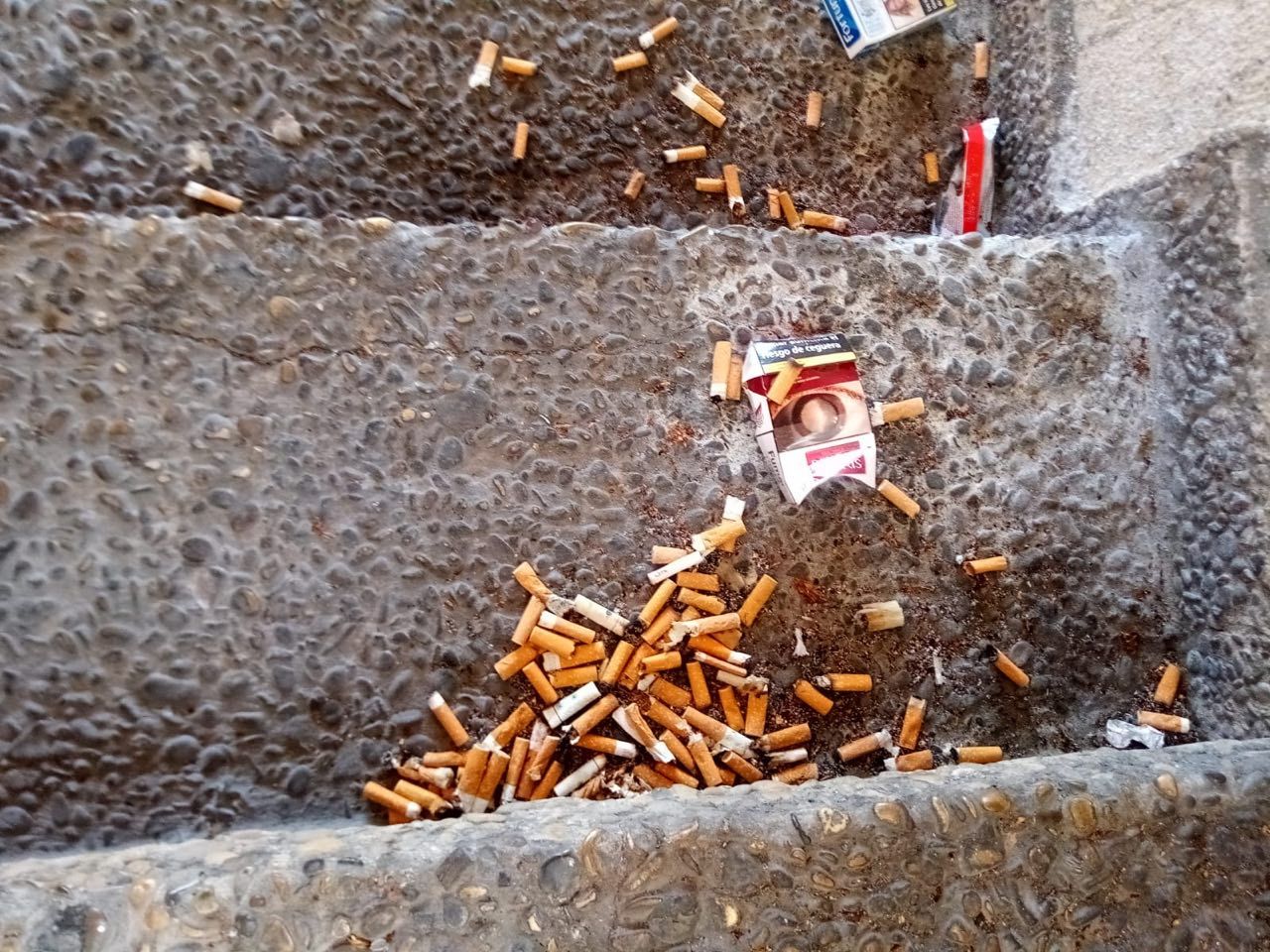Viciosos, por Vanesa Belizón. En la imagen, colillas de cigarro y cajetillas en el suelo.