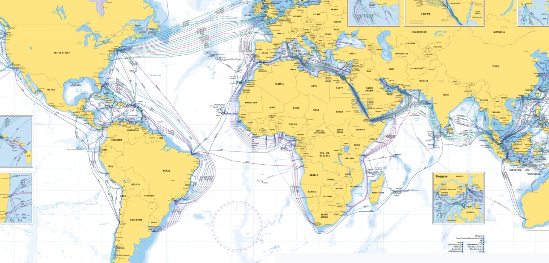 Redes de cables sumergidos entre continentes. SUBMARINE CABLE MAP