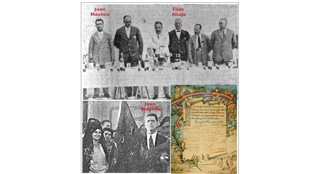 Arriba, detalle del banquete celebrado en la Colonia Escolar Obrera en agosto de 1930. Abajo a la izquierda, acto de entrega de la bandera a la Colonia Obrera en 1928. A la derecha, pergamino entregado a Juan Máximo como homenaje a sus "desvelos por la Institución" en 1931.