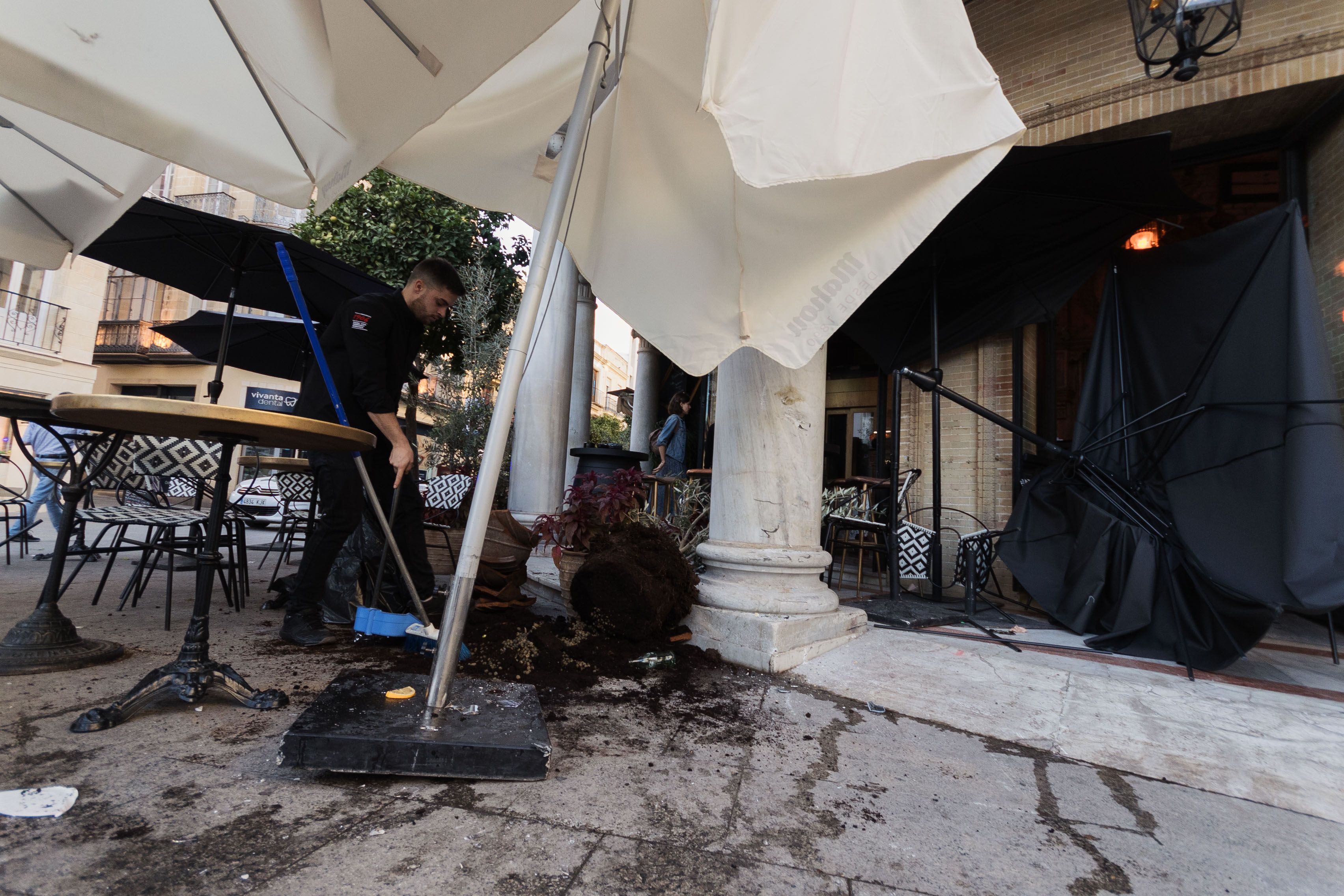 Un trabajador limpia la terraza del Gallo Azul, donde se ha empotrado un autobús.