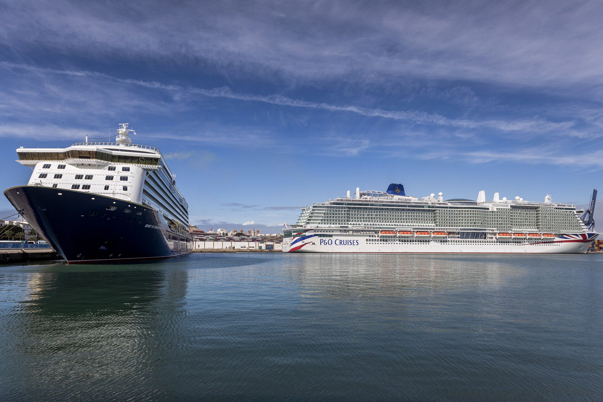 Las dos enormes embarcaciones que recalaron este miércoles en Cádiz, a la espera del 'Arvia'.    GERMÁN MESA
