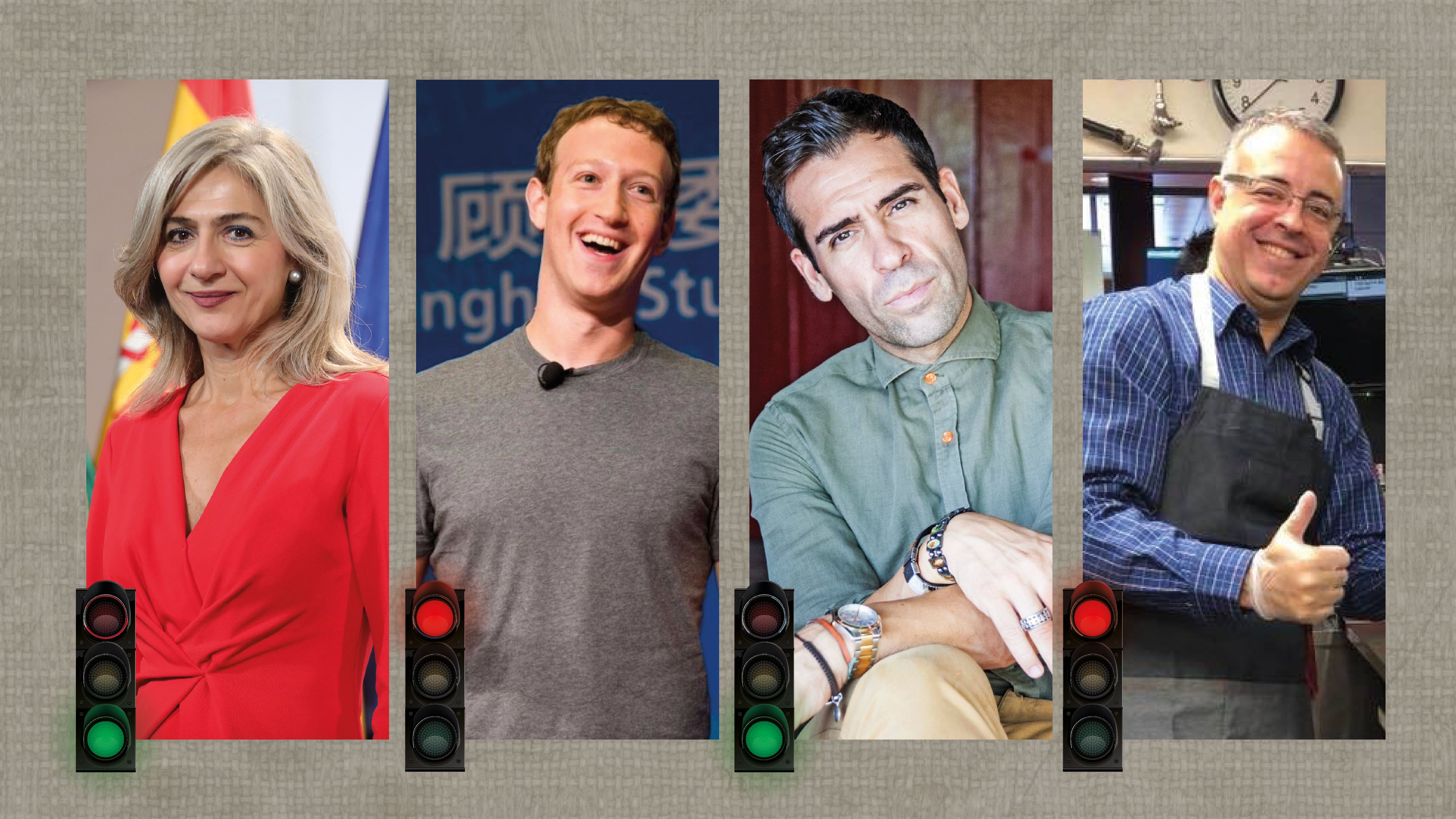 Voces y afonías de la semana en lavozdelsur.es. De izda. a dcha., Del Pozo, Zuckerberg, Jordi y Quintiliano.