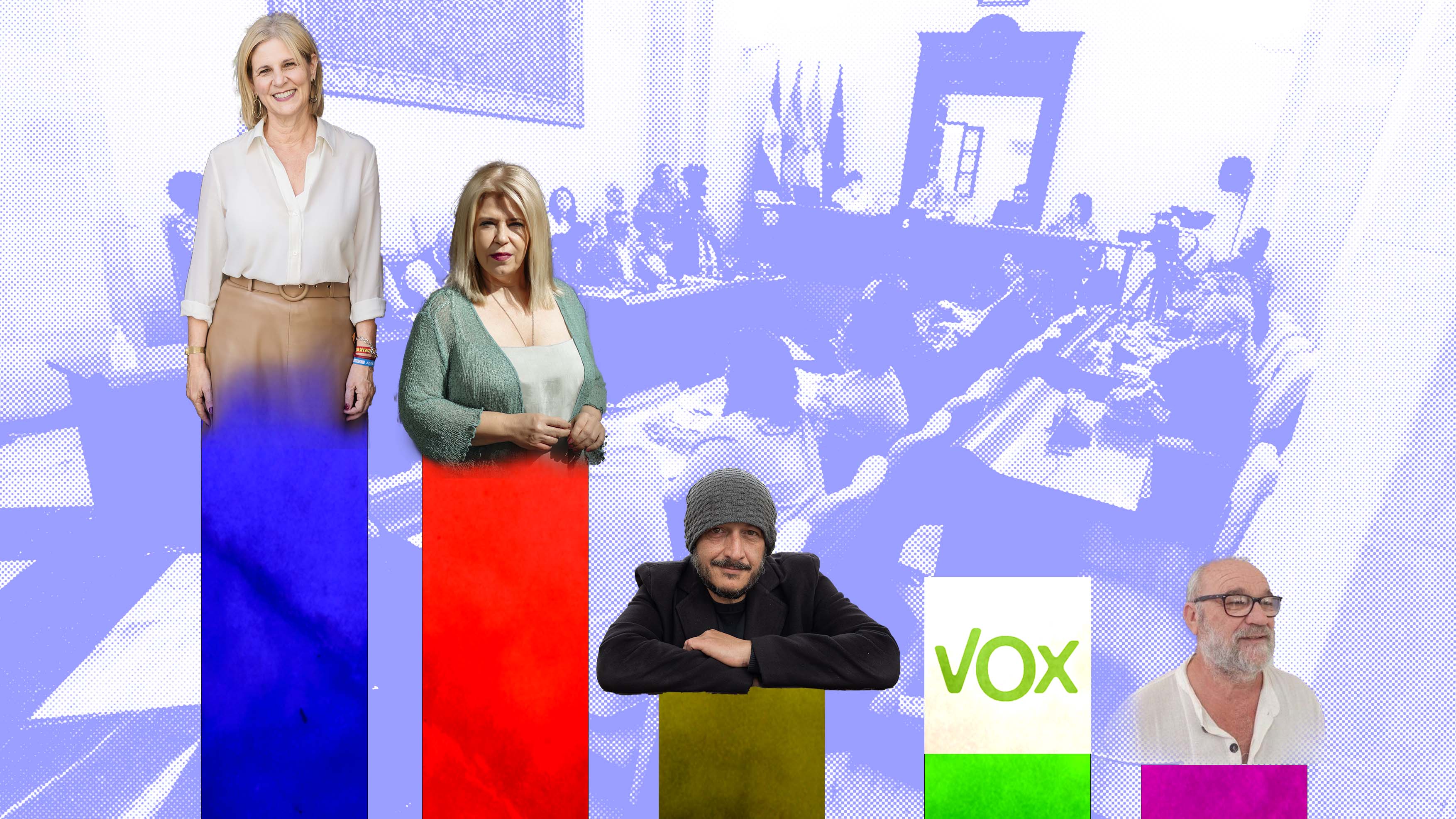 El futuro de Mamen Sánchez como alcaldesa de Jerez se complica por la división a su izquierda y la vuelta de Pelayo. De izda. a dcha., Pelayo, Mamen Sánchez, Ruiz-Berdejo y Manuel Guerrero, candidato de Podemos en Jerez.