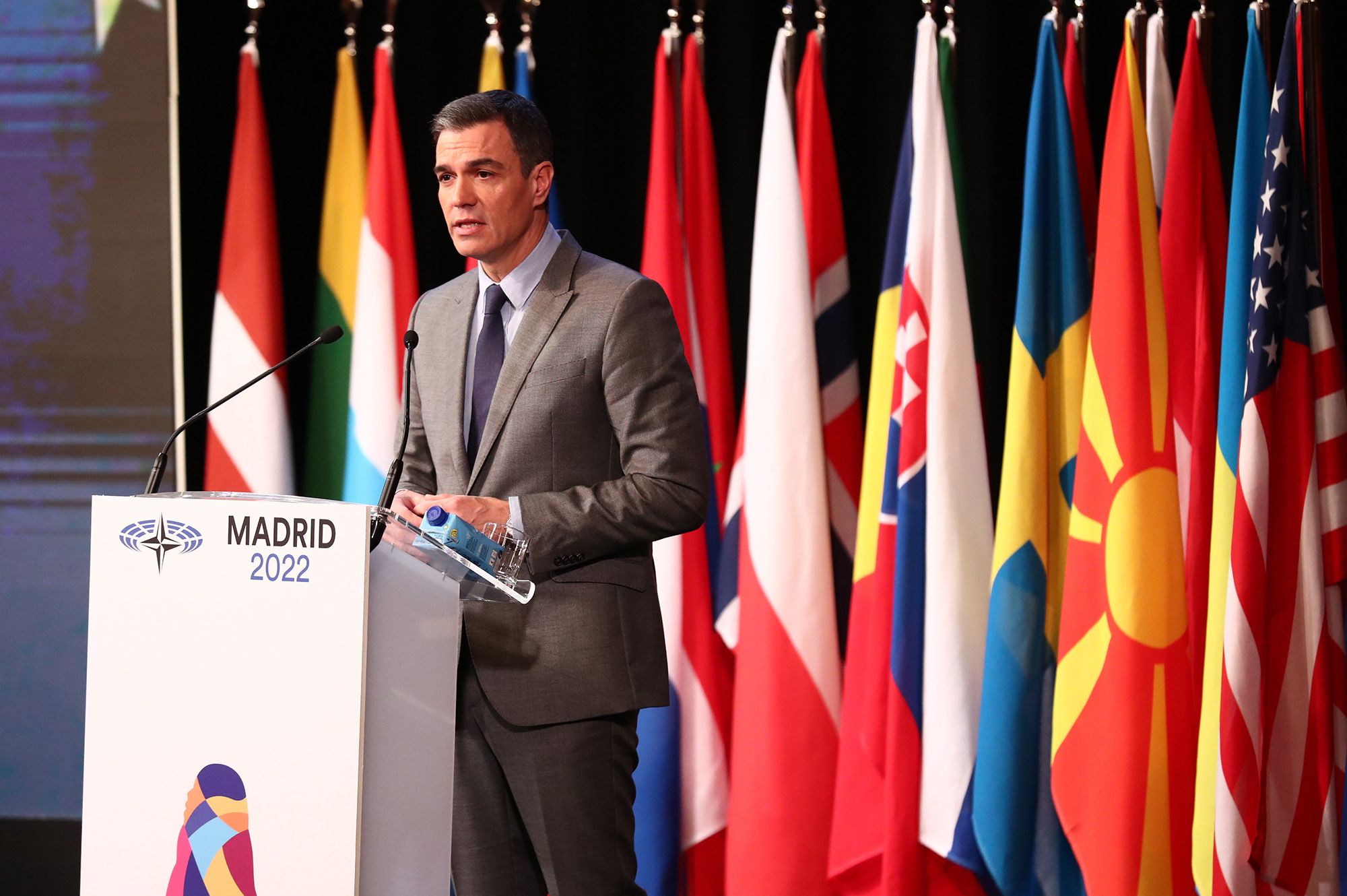 El presidente del Gobierno, Pedro Sánchez, durante su intervención en la sesión plenaria de la 68ª Asamblea Parlamentaria de la OTAN. Pool Moncloa / Fernando Calvo.