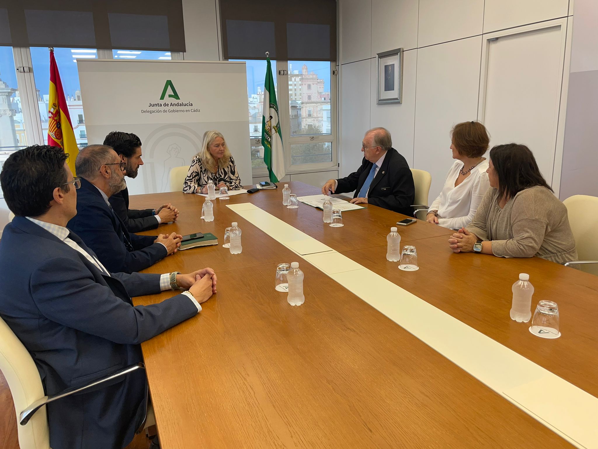 Clausura de ocho juzgados en Cádiz. El presidente del Colegio de Graduados Sociales de Cádiz, José Blas Fernández, en una reciente reunión de su junta con la delegada del Gobierno andaluz, Mercedes Colombo. 