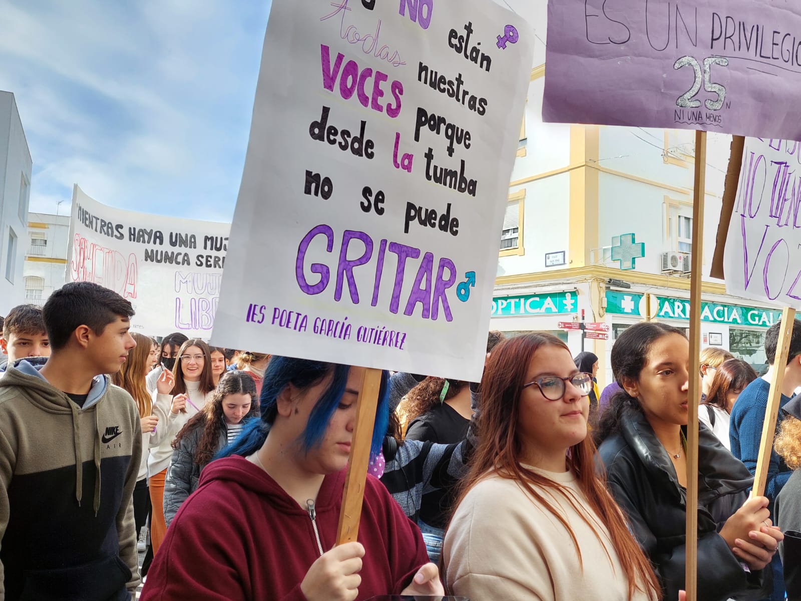 Pancartas en la marcha celebrada en Chiclana por el 25N.