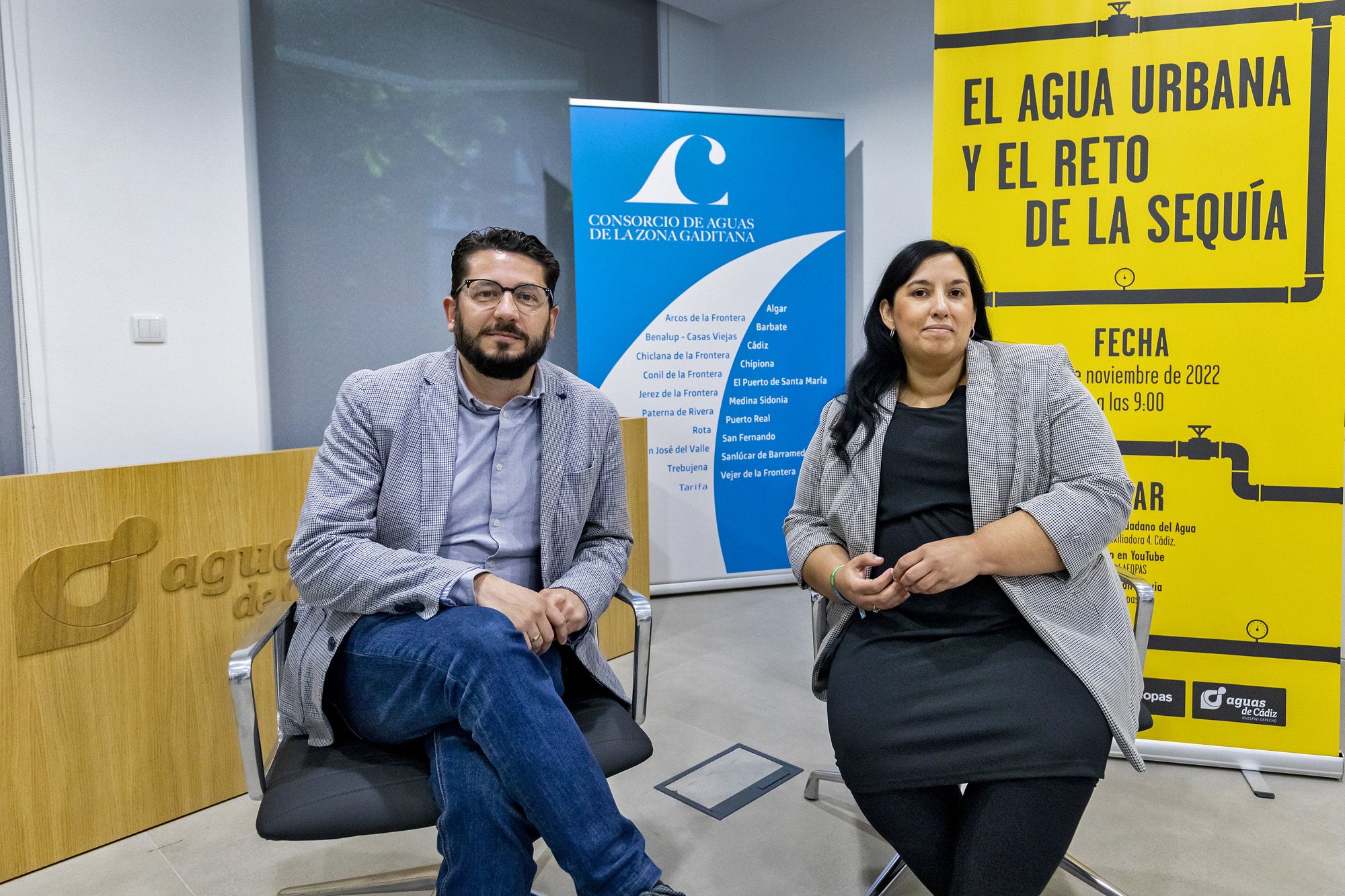 Jorge Rodríguez, presidente del CAZG, y Ana Fernández, presidenta de Aguas de Cádiz, organizadores de la jornada de sequía junto a Aeopas.