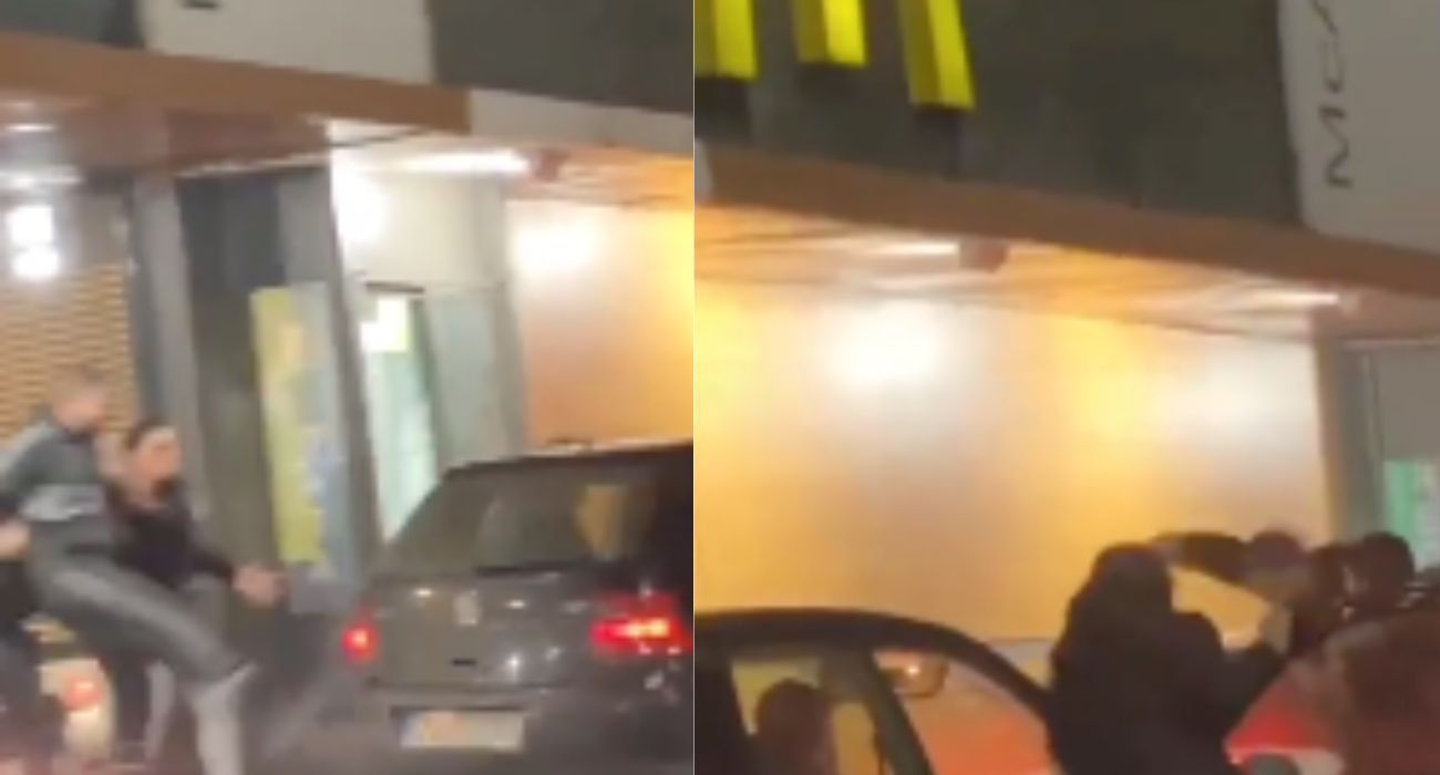 Dos momentos del violento comportamiento de un hombre contra un coche en un McAuto.