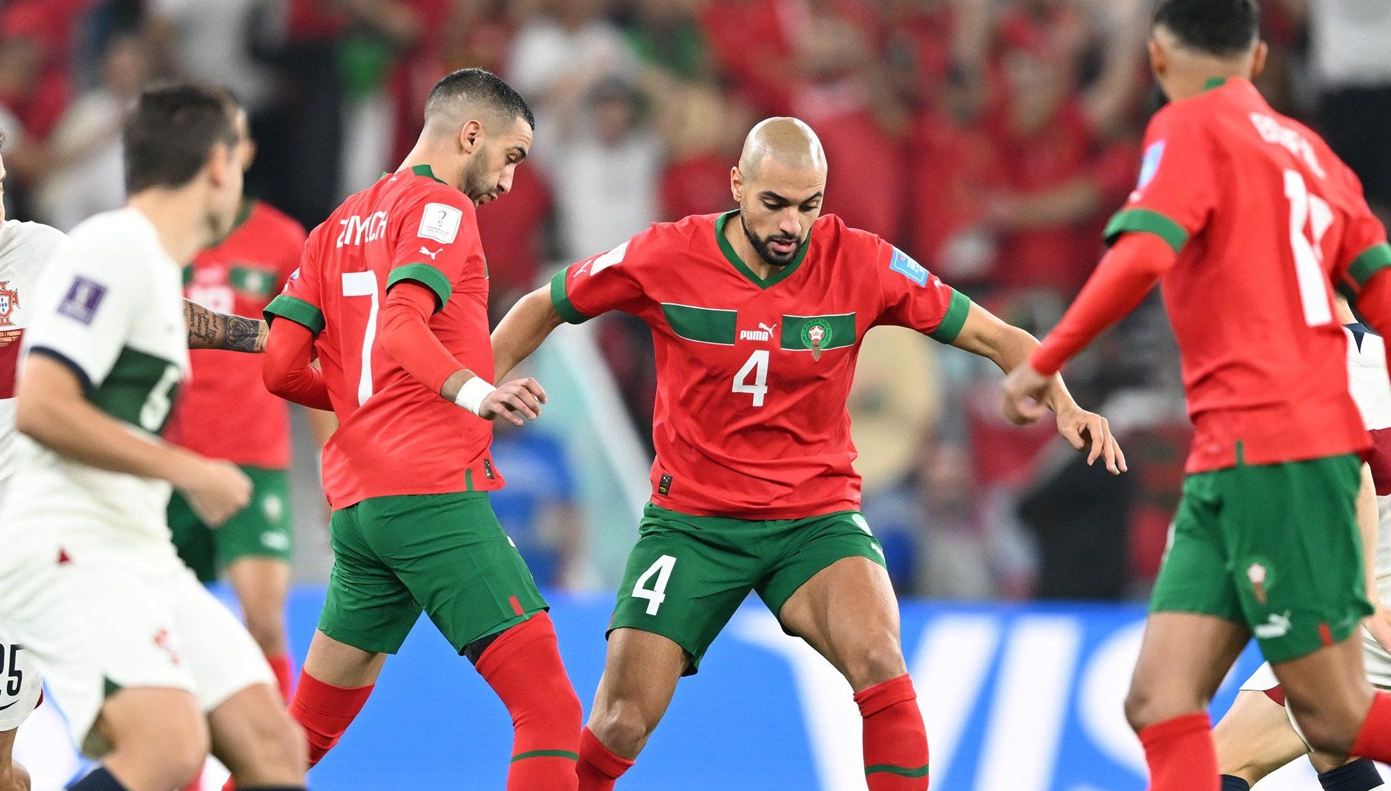 Jugadores de Marruecos, durante el partido ante Portugal.