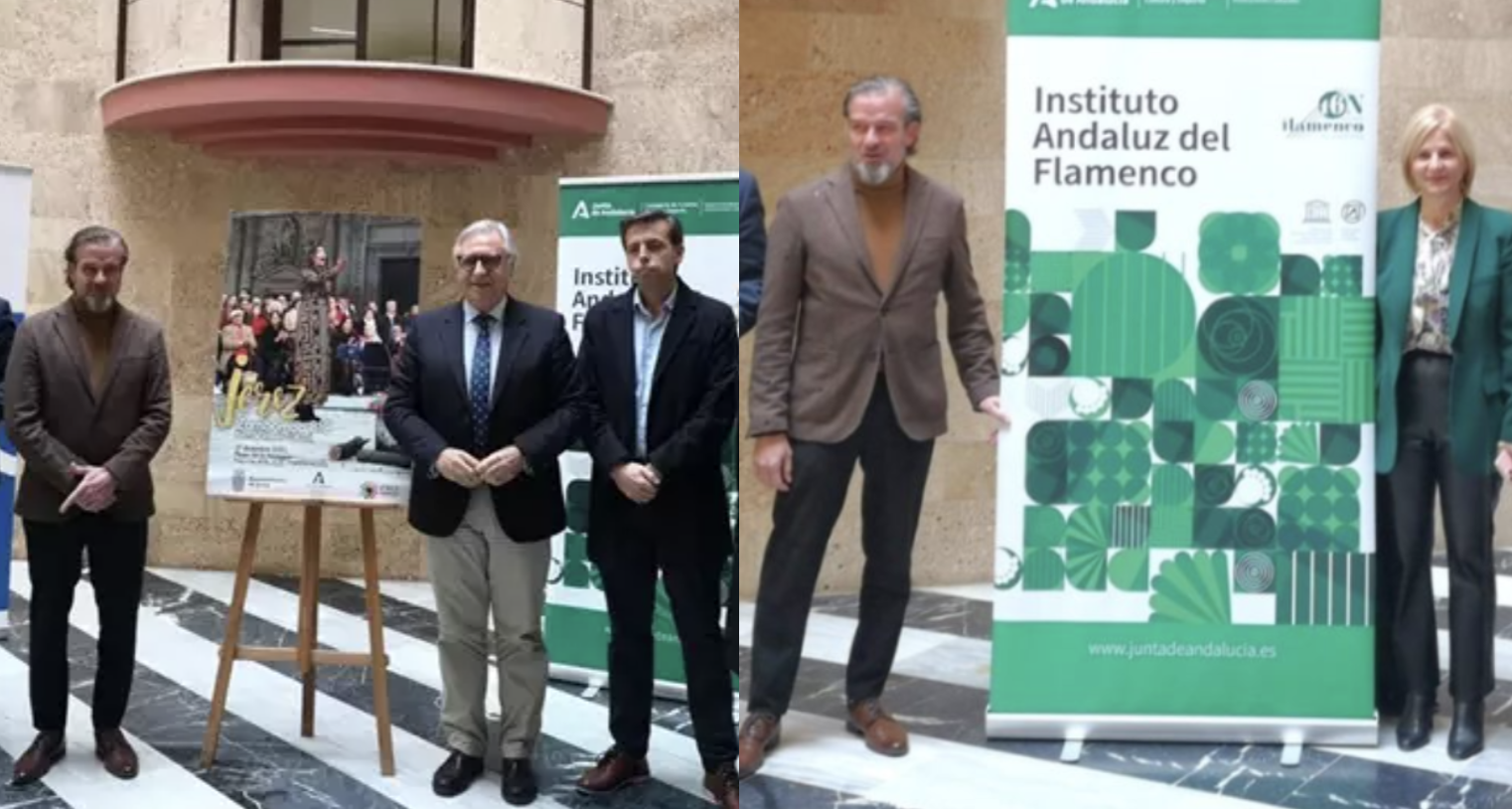 Foto oficial (en la imagen de la izda.) y la foto que Pelayo 'peleó', aunque ya sin el cartel oficial de la Zambomba BIC en Jerez. Foto oficial (en la imagen de la izda.) y la foto que Pelayo 'peleó', aunque ya sin el cartel oficial de la Zambomba BIC en Jerez.