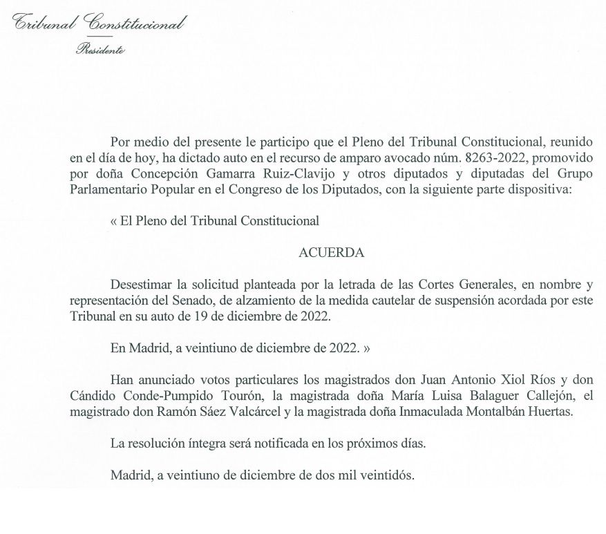 Parte dispositiva del auto del TC
