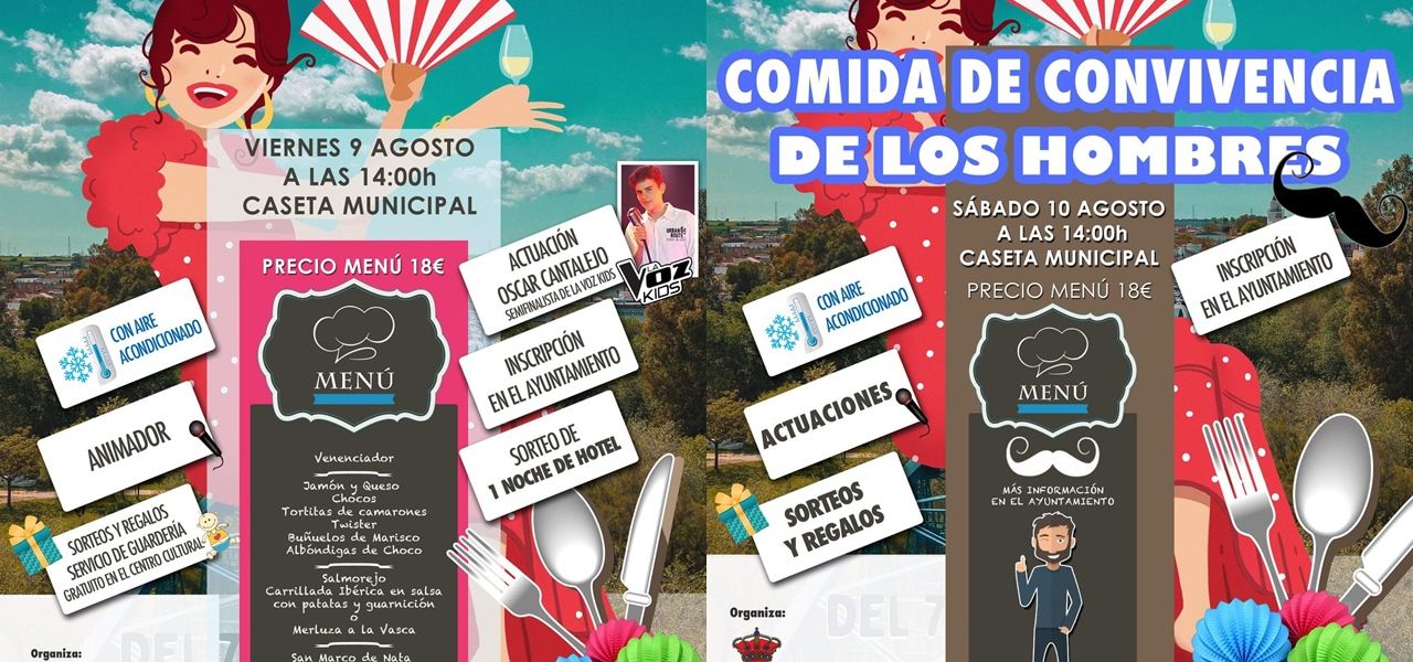 Carteles anunciando las comidas de hombres y mujeres de la Feria de La Barca