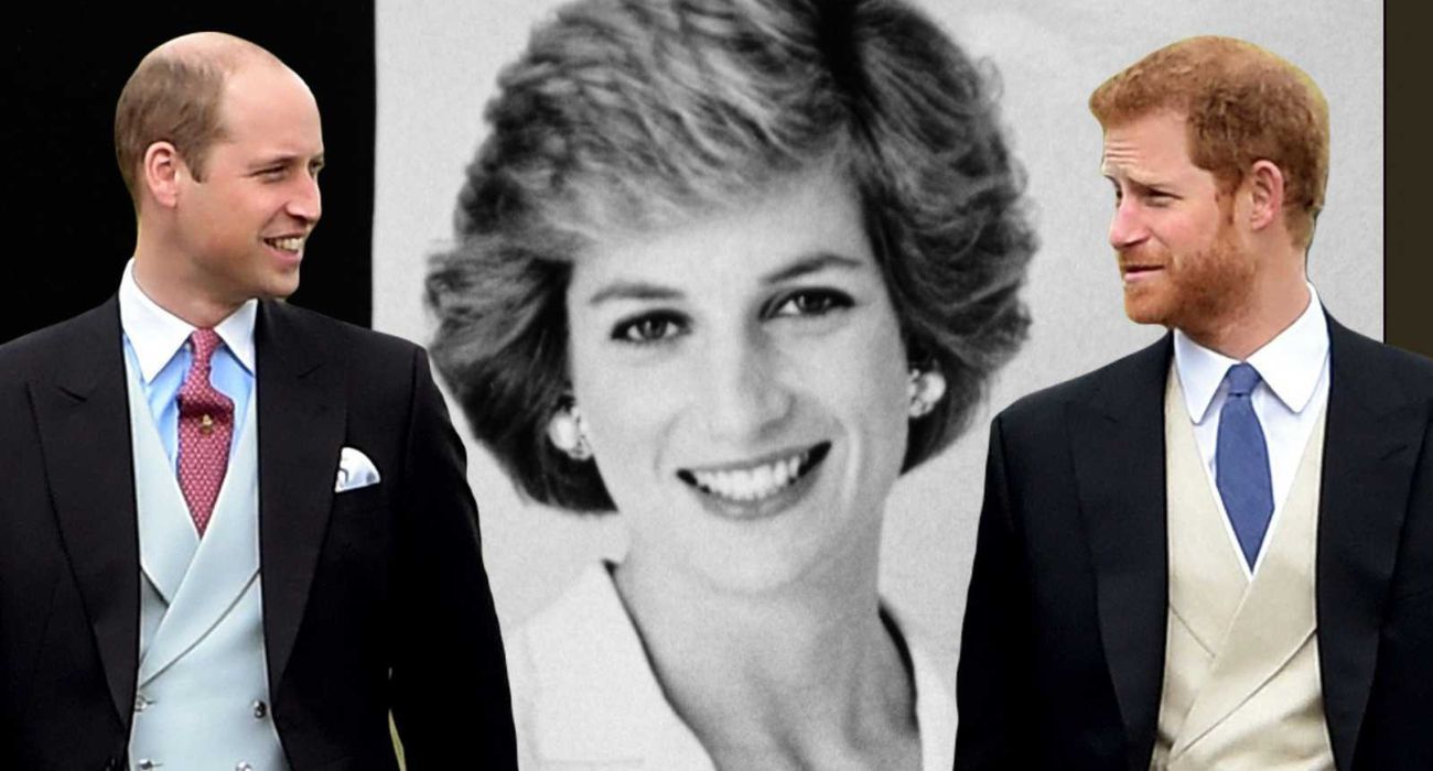 El príncipe Harry, junto a su hermano William, con una imagen de su madre, Diana de Gales, de fondo.