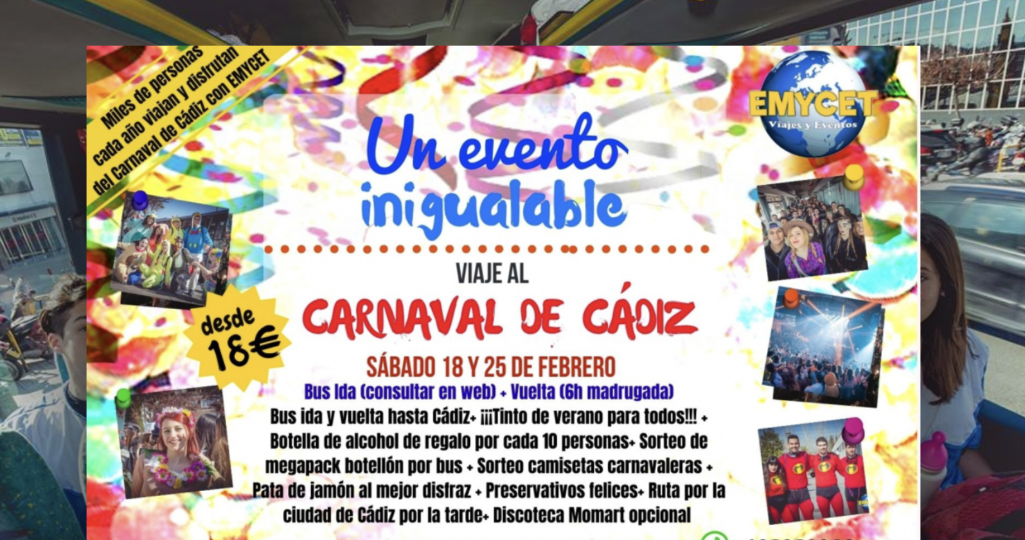 Autobuses para el Carnaval de Cádiz: una agencia de viajes regala botellas de alcohol y "preservativos felices".