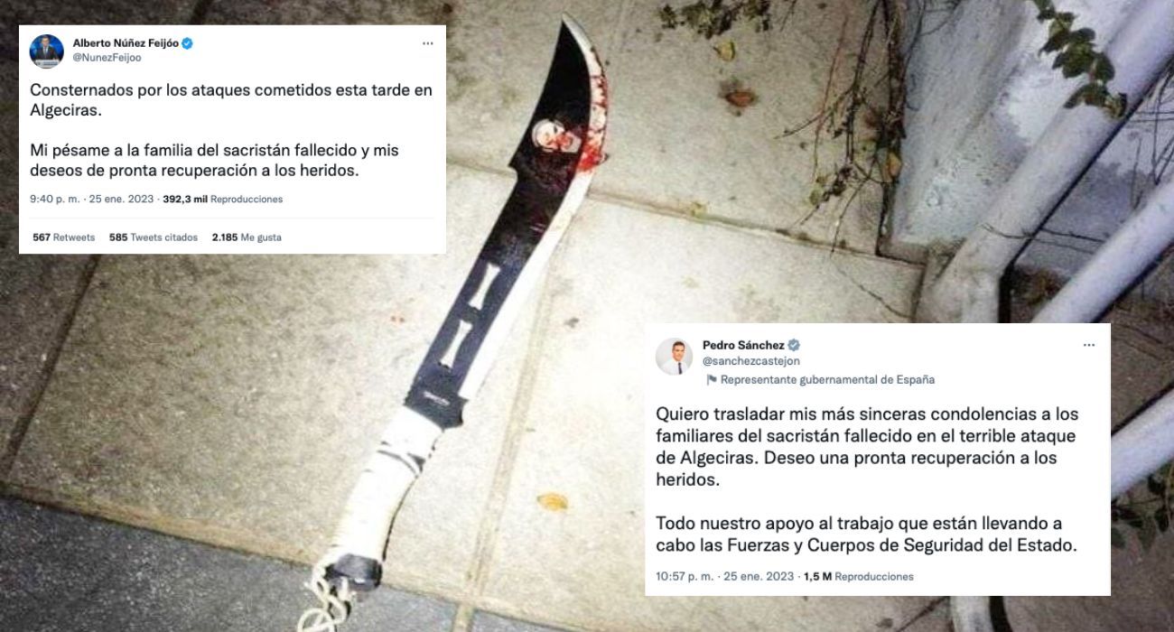 Los mensajes de Sánchez y Feijóo, junto al arma empleada por el presunto yihadista en Algeciras.