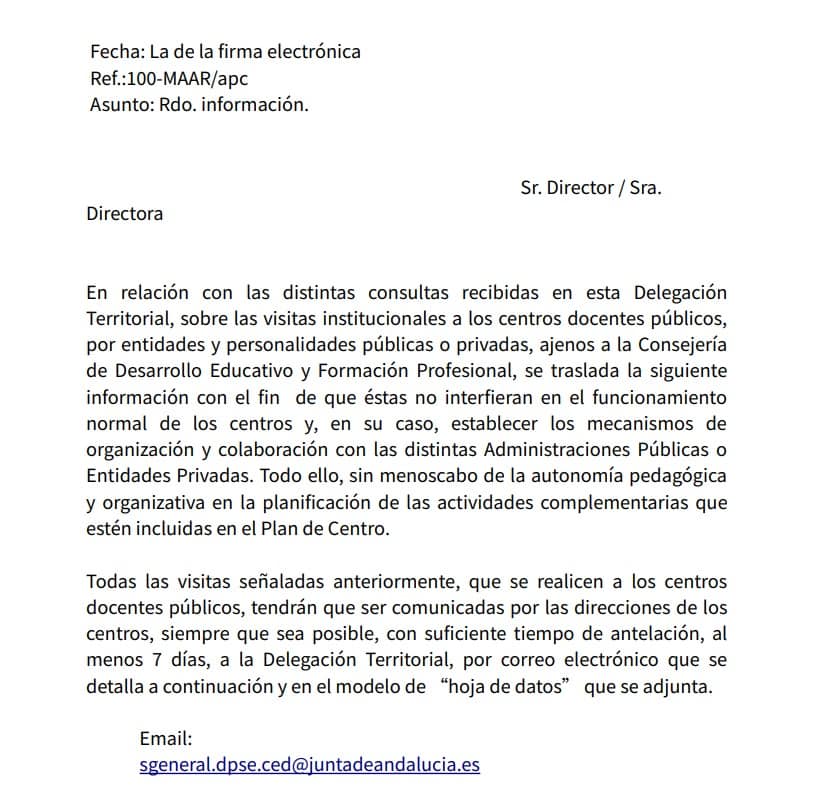 Carta enviada por la Delegación Territorial.