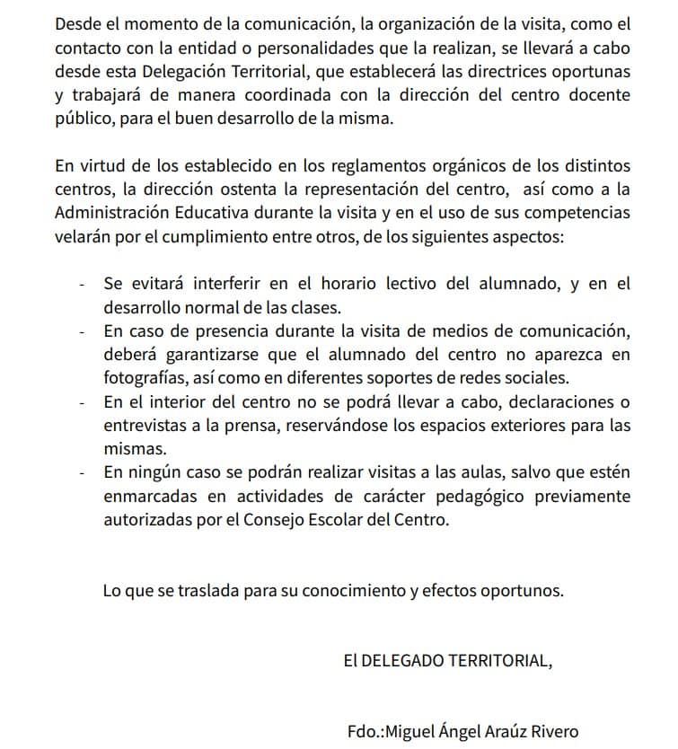 Carta enviada por la Delegación Territorial.