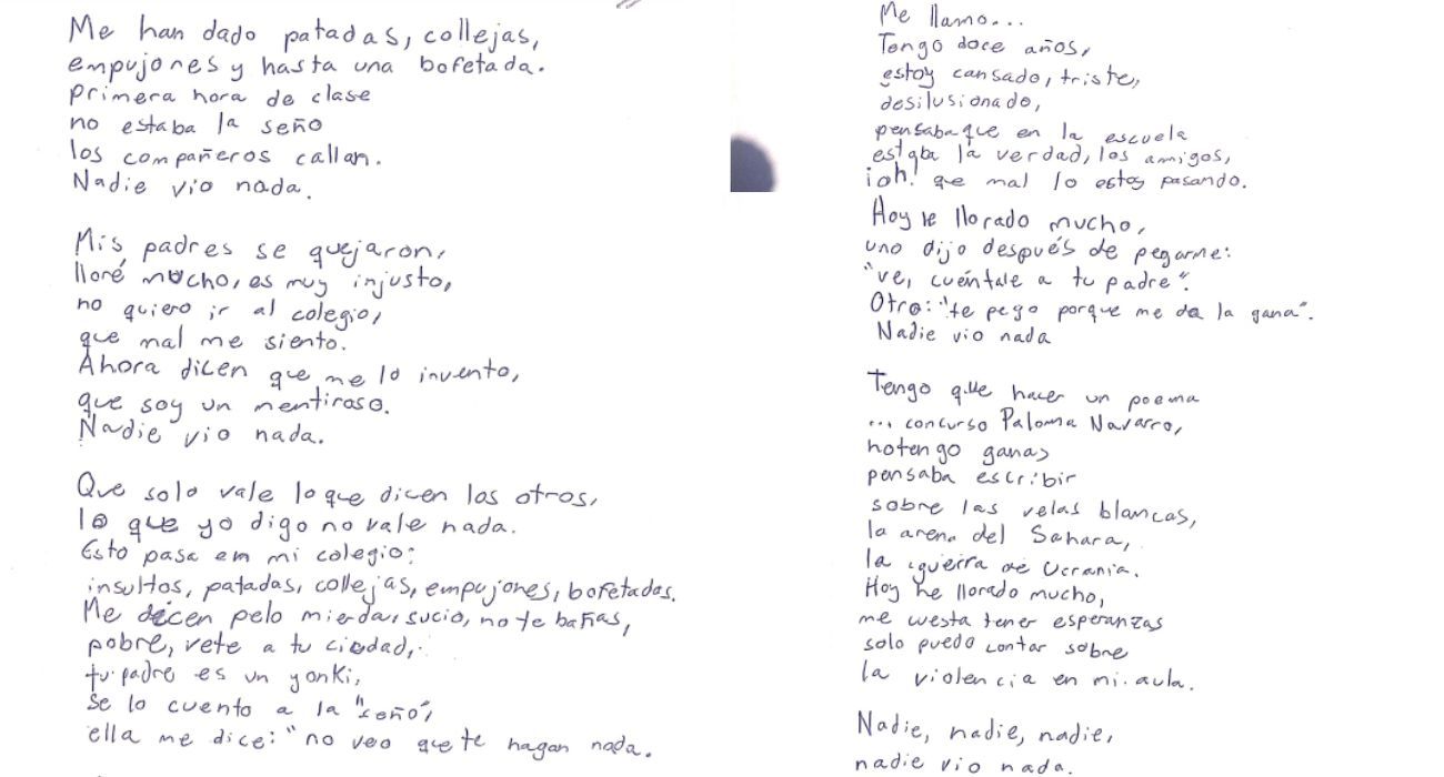 La poesía en la que Pablo denuncia el acoso escolar que sufre en su colegio.