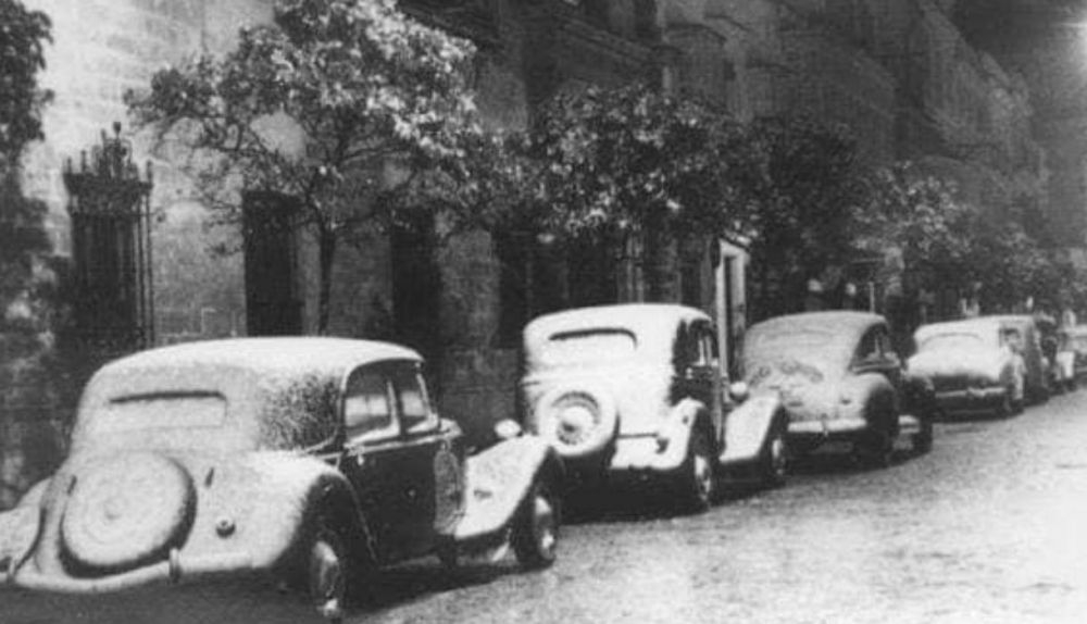 Coches en Jerez con los techos llenos de nieve.