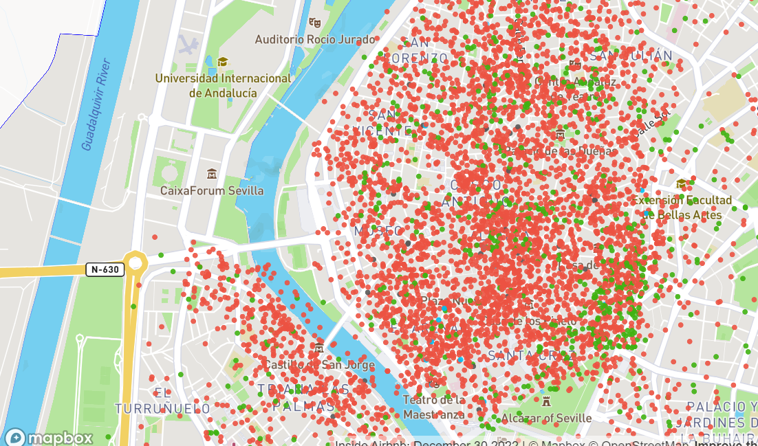 Mapa de Airbnb en Sevilla.