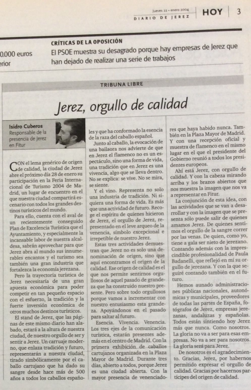 Tribuna publicada por Isidro Cuberos sobre Fitur 2004