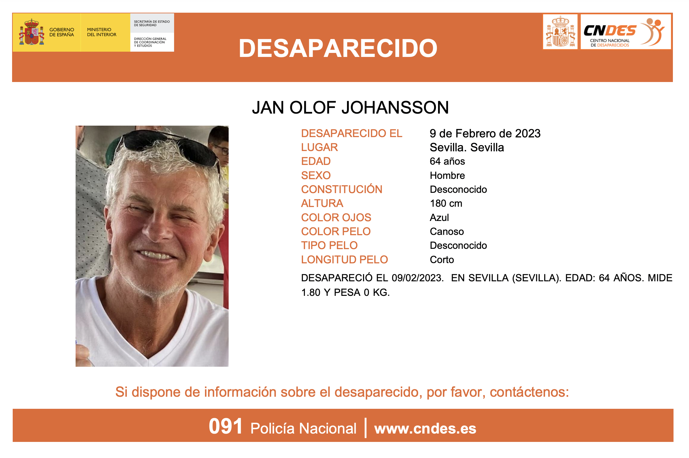 Jan Olof Johanson, desaparecido desde este jueves en Sevilla.