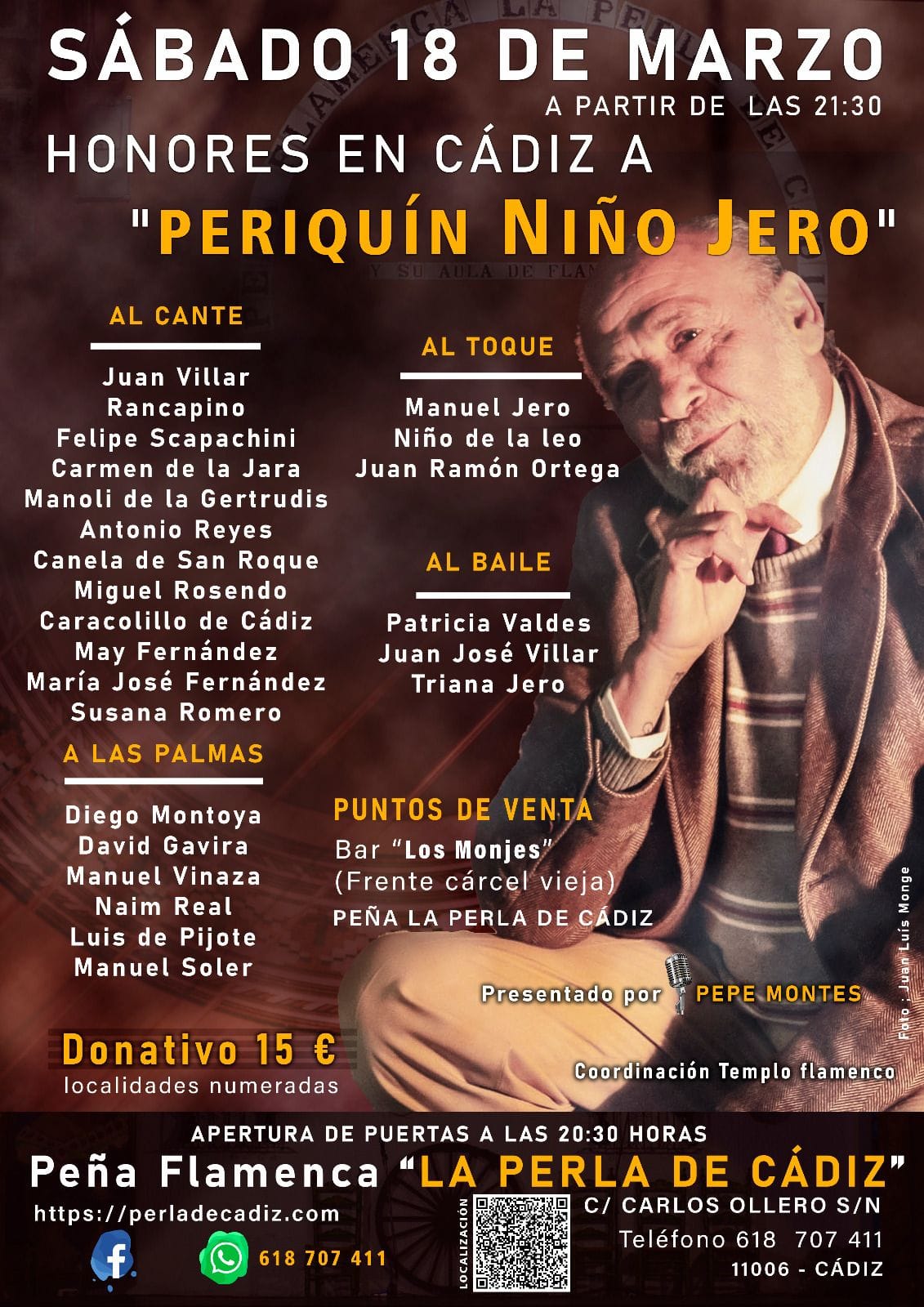 Cartel homenaje Periquín 'Niño Jero' en la Peña Flamenca 'La Perla de Cádiz' el 18 de marzo de 2023