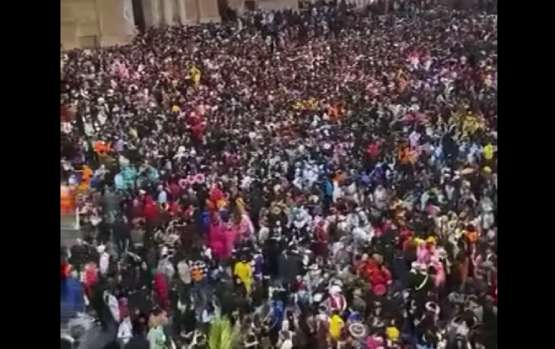 Una marea de personas celebra un botellón durante el Carnaval de Cádiz.