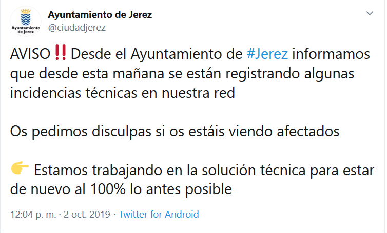 Uno de los mensajes publicados por el Ayuntamiento de Jerez en redes sociales.