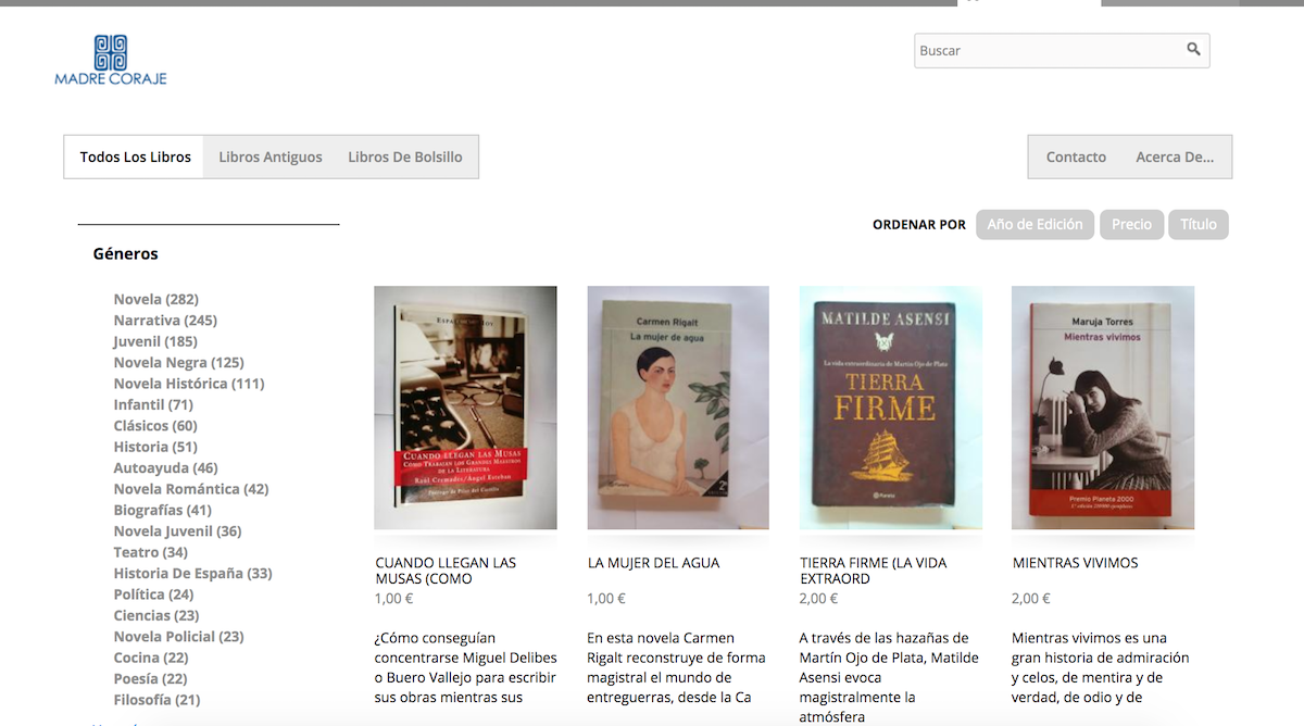 Portada de la tienda online de libros de segunda mano de Madre Coraje.