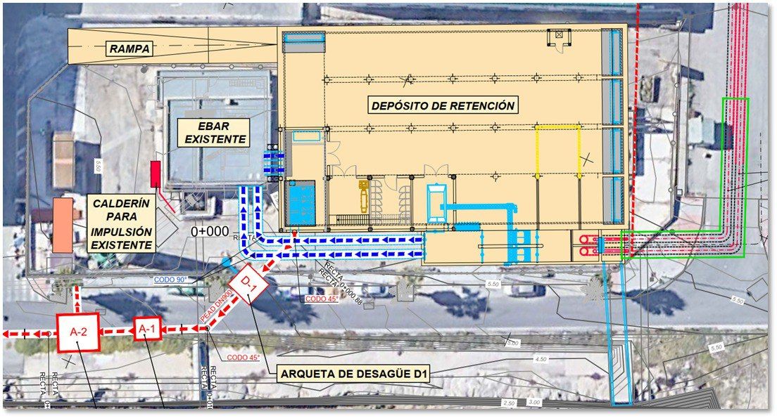 Aguas de Cádiz construirá un depósito de retención de aguas pluviales en Cortadura. Plano que aproxima la importante actuación que se llevará a cabo. 