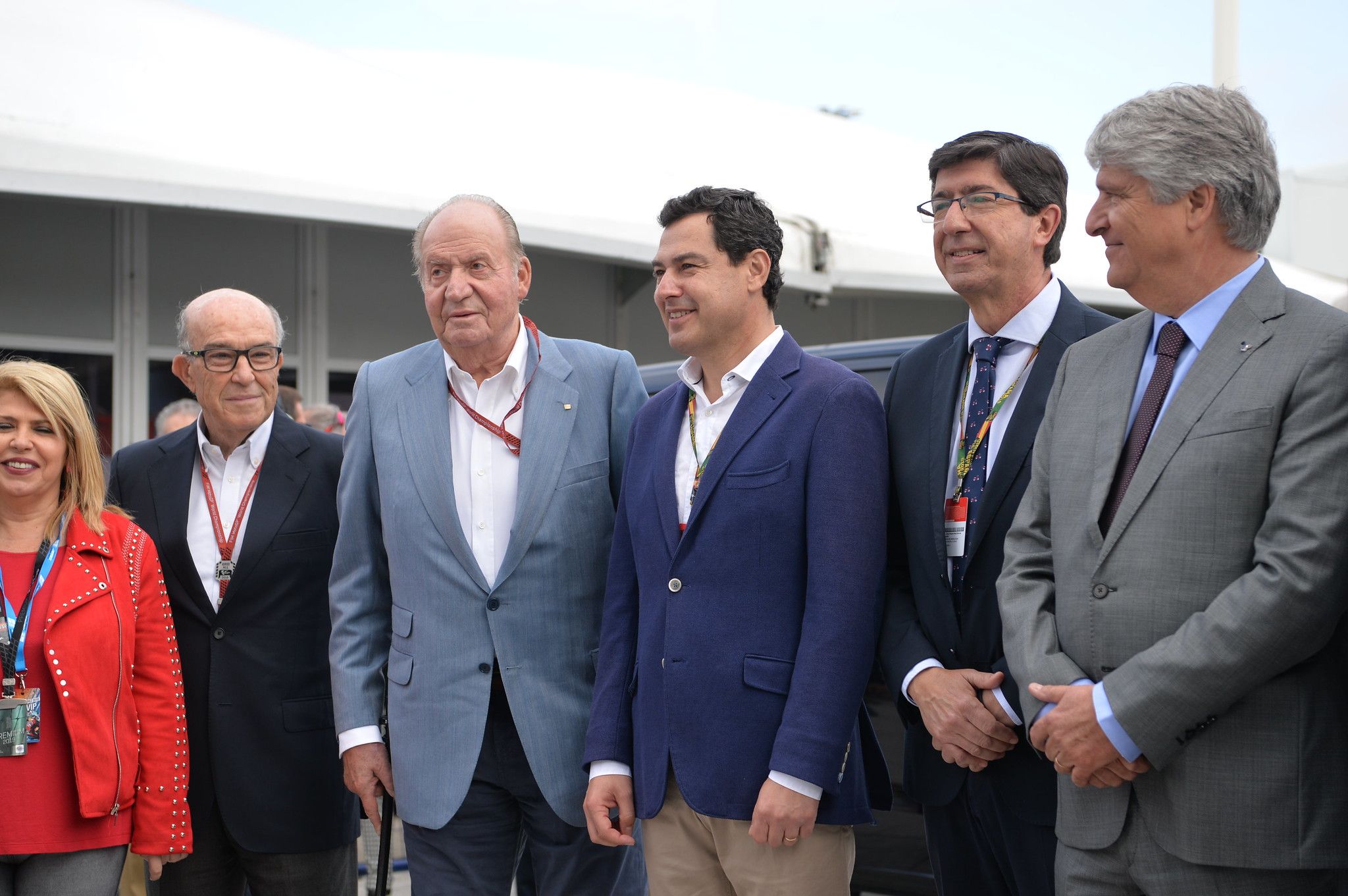El Rey emérito, en el MotoGP del pasado año en Jerez, junto a Moreno, Marín, Sánchez y Carmelo Ezpeleta.