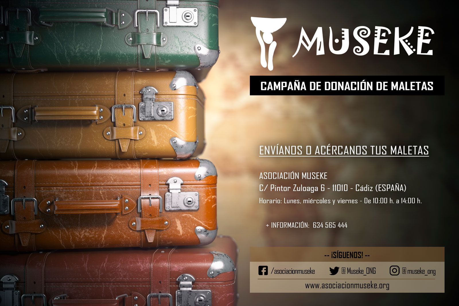 Cartel de la campaña de donación de maletas de Museke.