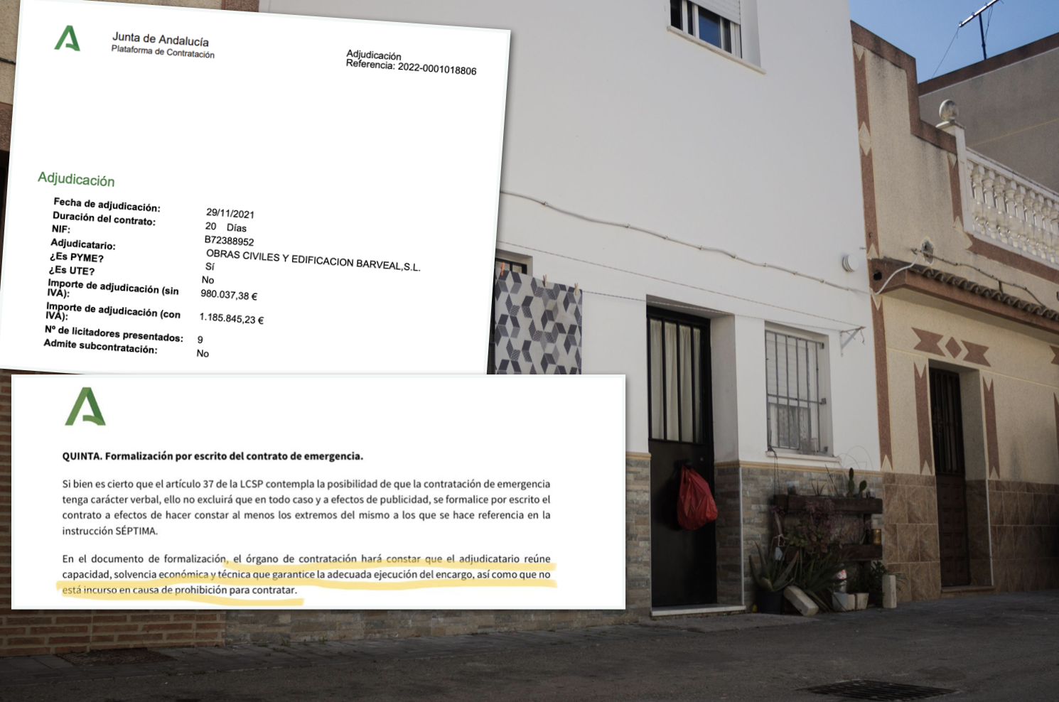 Sede social de Barveal, supuesta empresa fantasma en Guadalcacín (Jerez), y dos detalles de la adjudicación y de la instrucción de la Consejería de Hacienda de junio de 2021.