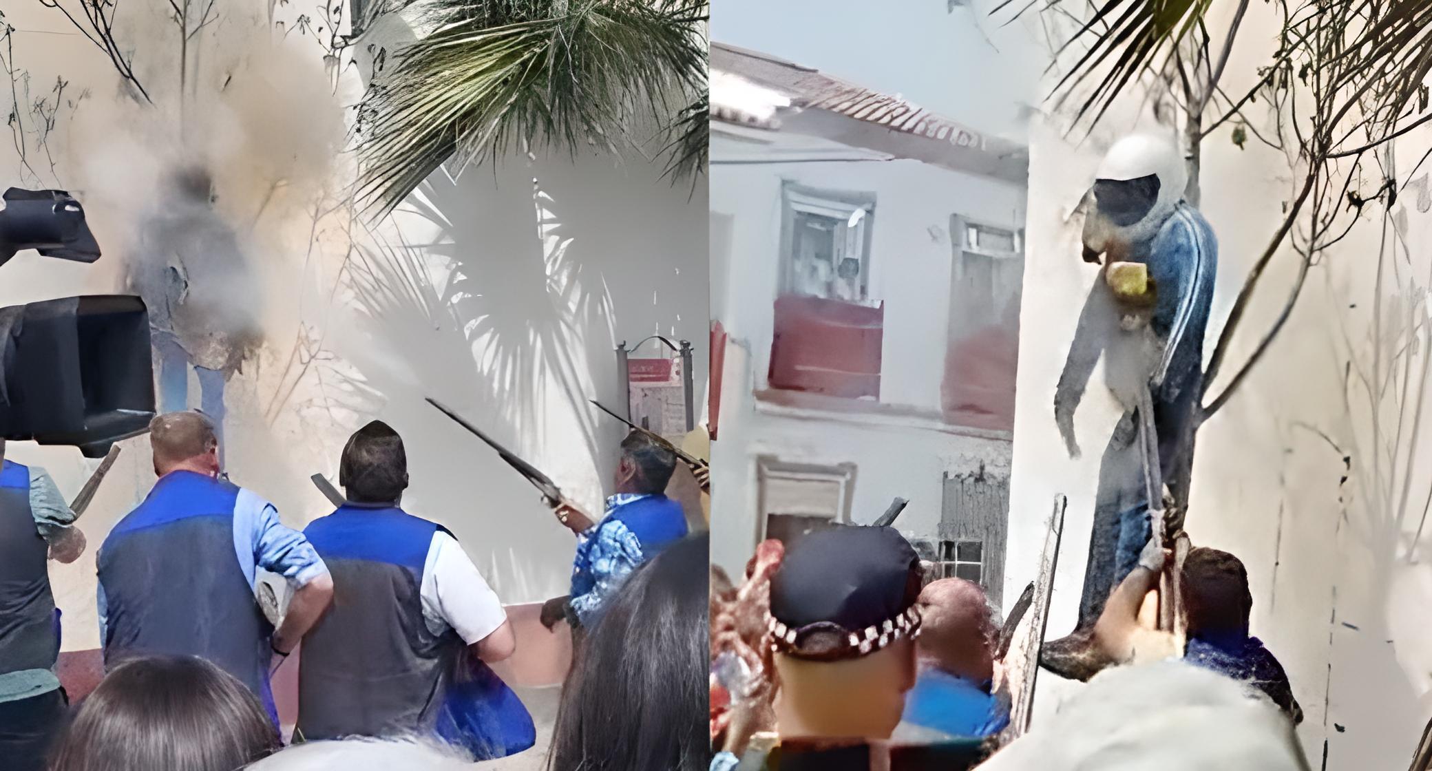 Dos momentos del 'tiroteo' y 'quema' del muñeco que representaba al piloto de la DGT.