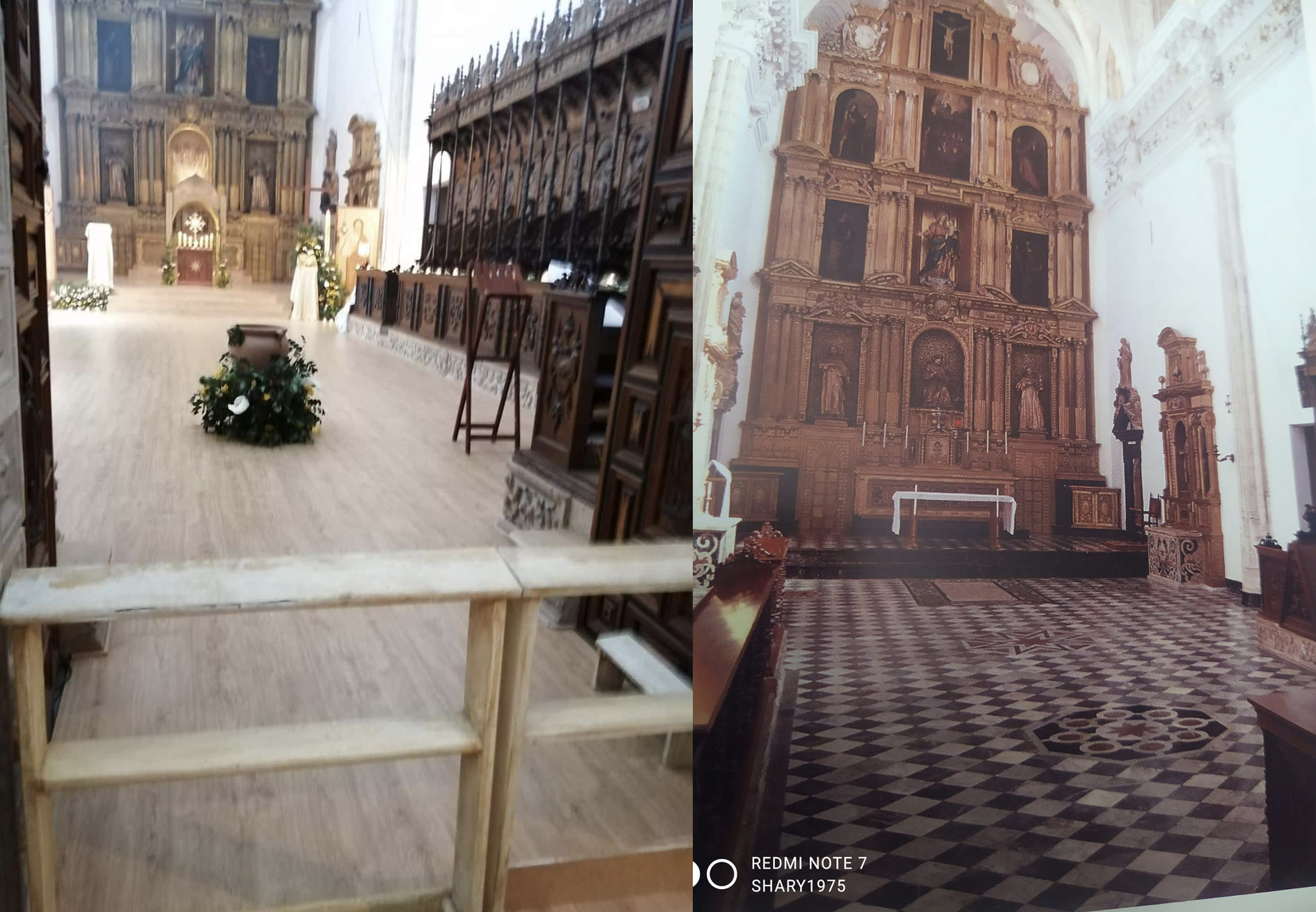 Imagen difundida por las redes del interior de la iglesia con el cambio que vulnera el estado original, tal y como se ve en la derecha. 
