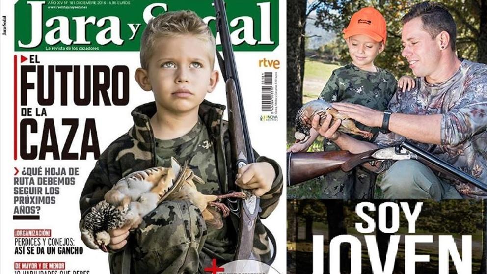 Portada de la revista 'Jara y Sedal' e imagen de la campaña de promoción de la caza entre los jóvenes.