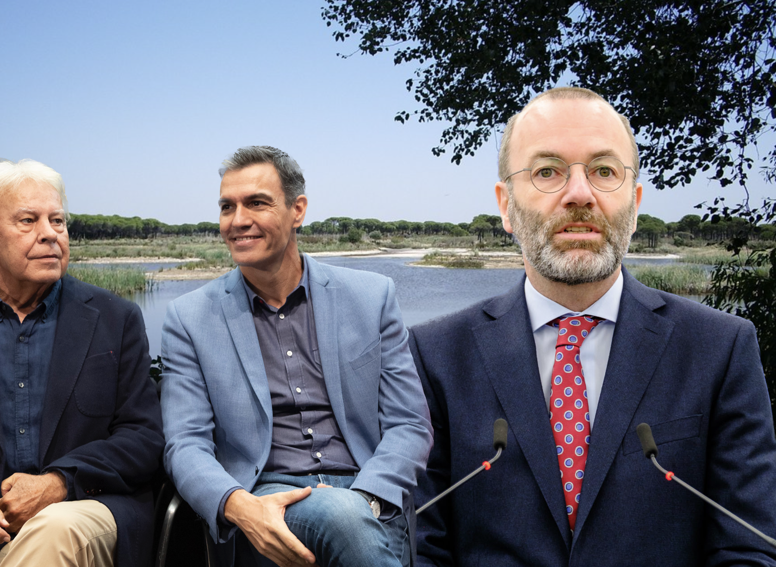 En el fotomontaje, Felipe González, Pedro Sánchez y Manfred Weber, con Doñana al fondo.