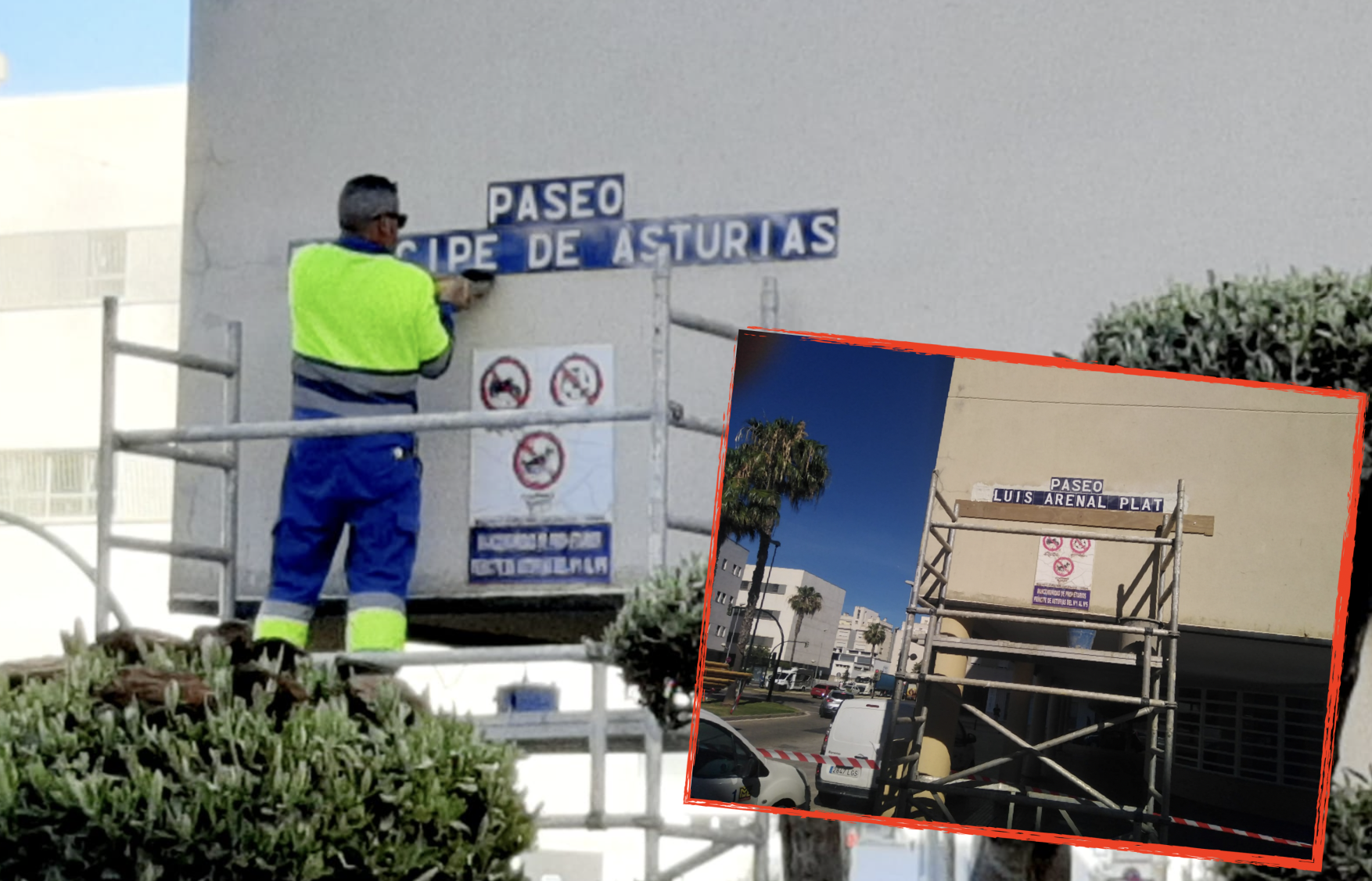 El Ayuntamiento de Cádiz le quita la calle al Rey Felipe VI a 20 días del 28M. Operario de infraestructuras retirando el rótulo y el nuevo ya colocado, este viernes.